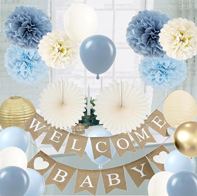 Baby Shower Decorations for Boys with Rustic Burlap Welcome Banner and Dusty Blue Balloons Paper Party Supplies (Pastel Blue + Gold)