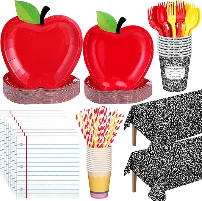 Vesici 452 Pcs Back to School Party Decorations Apple Paper Plates Napkins Cups Tablecloths Tableware Set for First Day of School Preschool Kindergarten Teacher Classroom Party Supplies