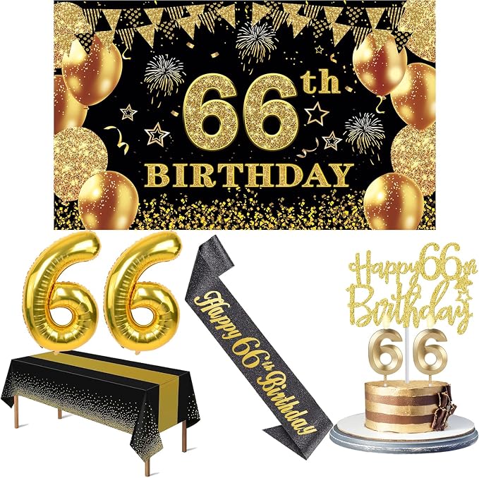66th Birthday Decorations Men Women with 66th Birthday Banner, Black and Gold Table Cloth, Number Balloons, Sash, Cake Topper and Candles