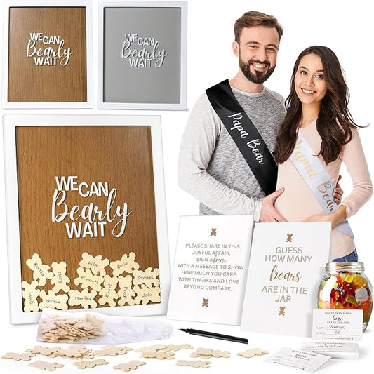 Baby Shower Guest Book Alternatives 109 Piece Set with Wooden Bears Mom Dad to Be Sashes Guessing Game - Unisex Gender Reveal and Pregnancy Announcement Decor - We Can Bearly Wait Decorations Keepsake