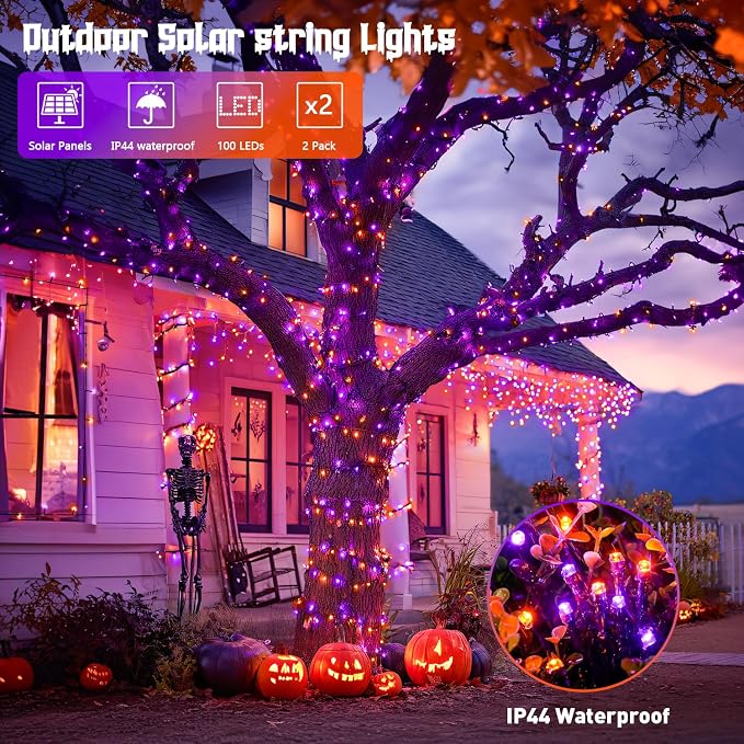 JMEXSUSS 2 Pack Solar String Lights Outdoor Waterproof, Total 66 FT 200 LED Solar Christmas Lights Outdoor, Twinkle Light for Christmas Tree Outside Garden Yard Xmas Decor, Orange and Purple