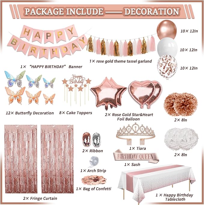 UJoyant 296 Pcs Birthday Decorations For Women, Rose Gold Party Decorations Kit For Girls Or Women - Butterfly, Hanging Swirl, Balloon Stand, Sash, Tiara, Banner, Balloon, Tableware For 50 Guest