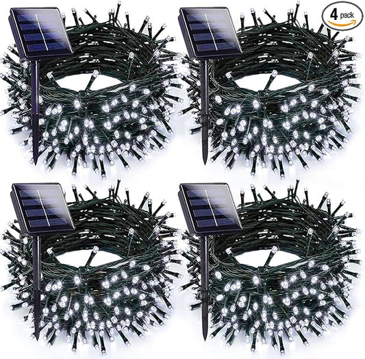 4-pack Solar Christmas Lights Outdoor Waterproof, 400LED 132FT Solar String Lights with 8 Lighting Modes, Tree Light Green Wire for Xmas Tree Party Wedding Garden Yard Fence Decoration (Cool White)