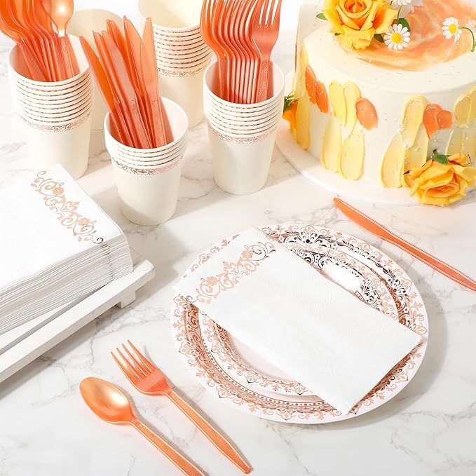 Didaey 700 Pcs Disposable Dinnerware Set for 100 Guests Include 200 Paper Plates, 300 Plastic Silverware, 100 Paper Cups, 100 Napkins for Wedding Birthday Party Supplies (White Rose Gold Pattern)