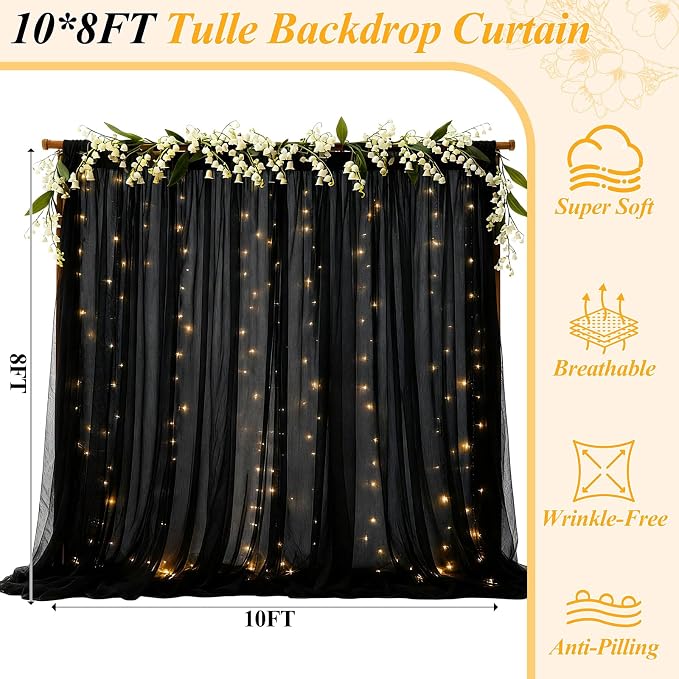 Ledido 3 Pack 10×8ft Black Tulle Backdrop Curtains with Lights String - 900LED Fairy Lights Sheer Curtain Backdrop for Wedding Baby Shower Photo Shoot Birthday Party Decoration(6 Panels 5×8ft)，Black