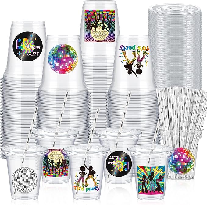 Qinyoung 60 Sets 14oz Disco Ball Plastic Cups with Lids and Straws, Bulk Party Supplies for 70s Theme, Bachelorette, Wedding, Bridal Shower, Birthday, Iced Coffee and Cocktail Glasses