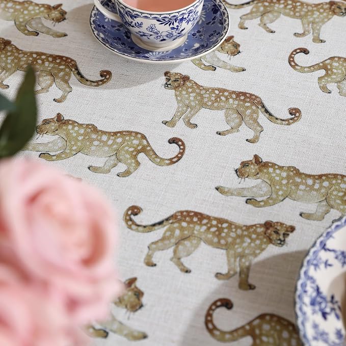 patdrea Vintage Leopard Print Linen Tablecloth,Round,Diameter 67"-from | Fench Elegant Table Cloth for Round Table,Animal Patterned,Dining Room Kitchen Tea Party Decoration,Durable