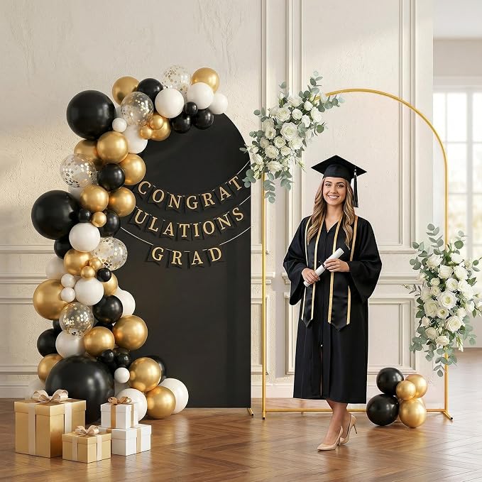 Arttown 7.2FT Gold Metal Arch Backdrop Stand and Black Arch Cover Set Suitable for Wedding Celebrations Birthday Parties Baby Showers Graduation Ceremonies Event Decoration