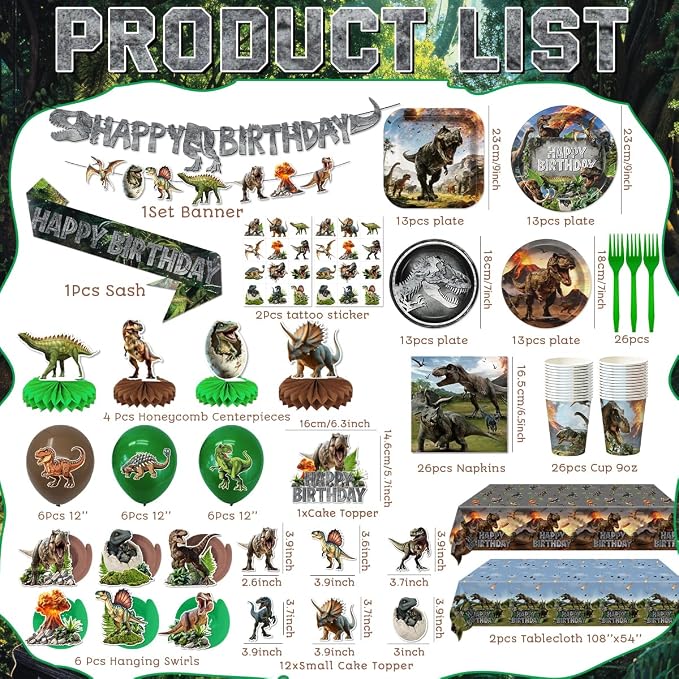 Dinosaur Birthday Party Decorations Dino World Birthday Decorations Tableware Set Include Plates,Napkins,Tablecloths,Balloon, Banner,Hanging Swirl,Honeycomb Centerpieces for Party Decor Serve 26