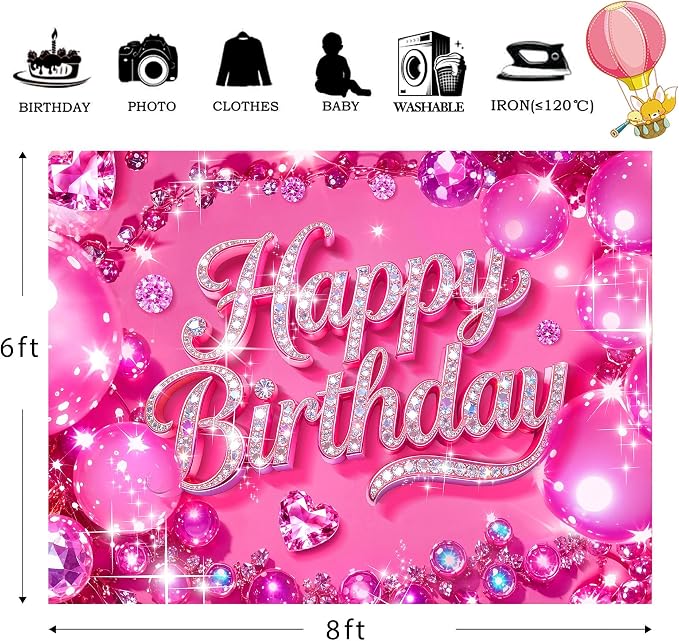 Happy Birthday Backdrop 8Wx6H Feet Polyester Fabric Bling Diamond Glitter Hot Pink Luxurious Ball for Princess Girls Decoration Modern Party Photography Background Photo Shoot Props