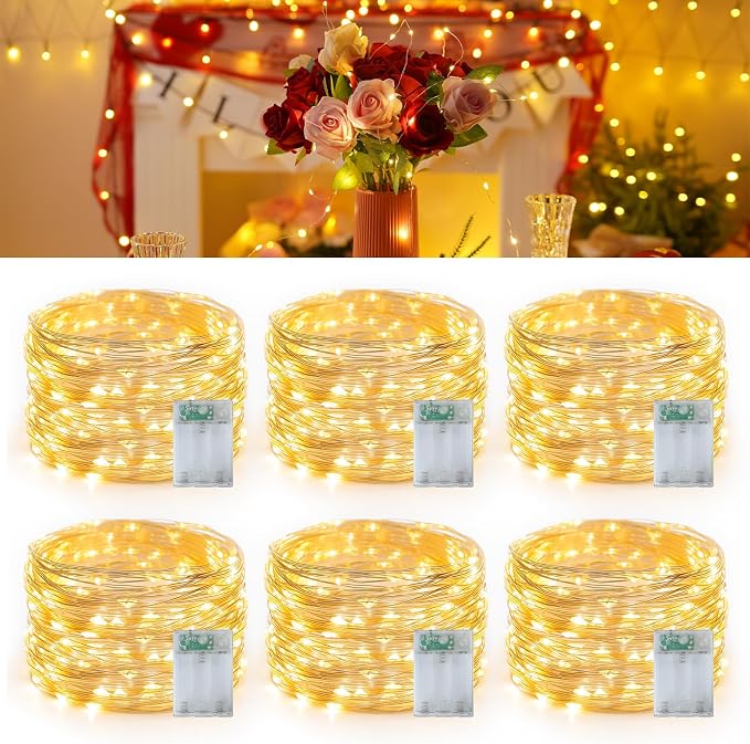 QITONG Warm White Fairy Lights Battery Operated, 6 Pack Each 16ft 50 LED Outdoor Christmas String Lights, Silver Wire Mini Twinkle Light Indoor