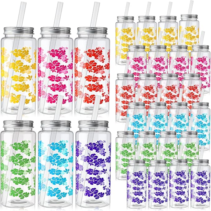 Skylety 30 Pcs 13.5 oz Hawaiian Luau Party Cups with Lids and Straws Hawaiian Hibiscus Party Cups Clear Plastic Tumbler Decorations for Women Sea Summer Birthday Bridal Wedding Reusable Supplies