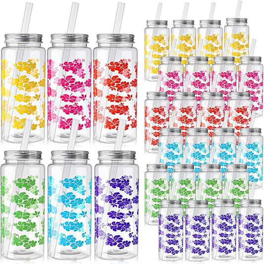 Skylety 30 Pcs 13.5 oz Hawaiian Luau Party Cups with Lids and Straws Hawaiian Hibiscus Party Cups Clear Plastic Tumbler Decorations for Women Sea Summer Birthday Bridal Wedding Reusable Supplies
