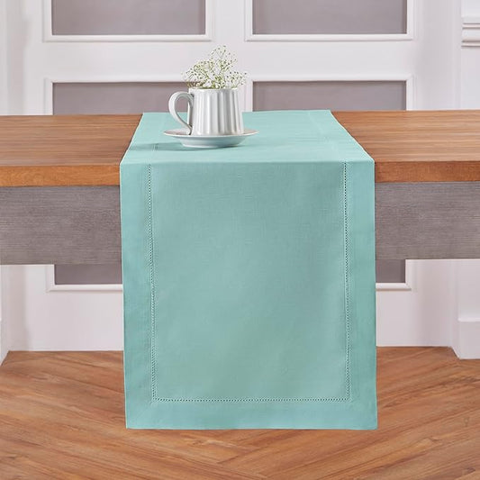 Solino Home Cotton Linen Table Runner 108 Inches Long - Hemstitch Pastel Turquoise Dining Table Runner 14 x 108 Inch for Spring, Summer, Mothers Day