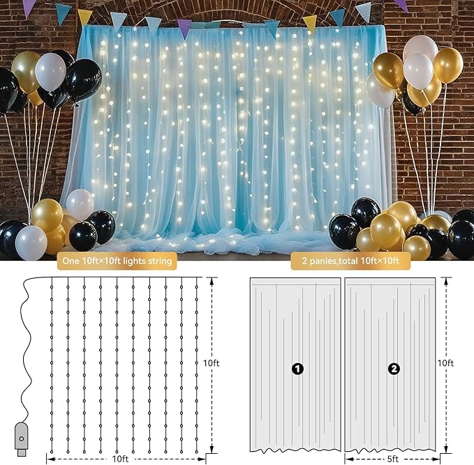 Ledido 3 Pack 10×10ft Blue Tulle Backdrop Curtains with Lights String - 900LED Fairy Lights Sheer Curtain Backdrop for Wedding Baby Shower Photo Shoot Birthday Party Decoration(6 Panels 5×10ft)，Blue