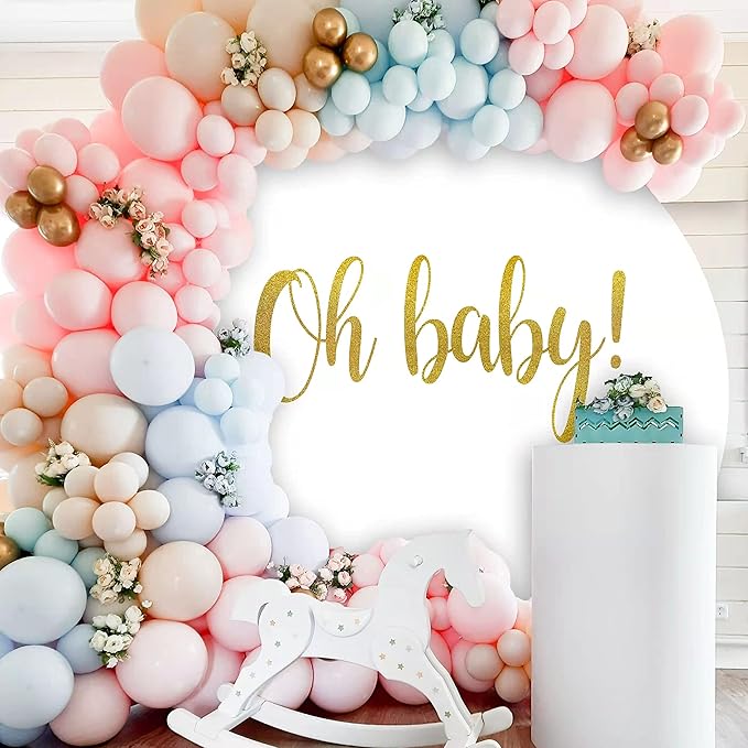 Round Backdrop Cover Oh Baby 7.2ft,White Round Backdrop Cover Gold Oh Baby Sign for Photography Baby Shower,Birthday Party Decorations Gender Reveal Pregnancy Party Photo Studio Props