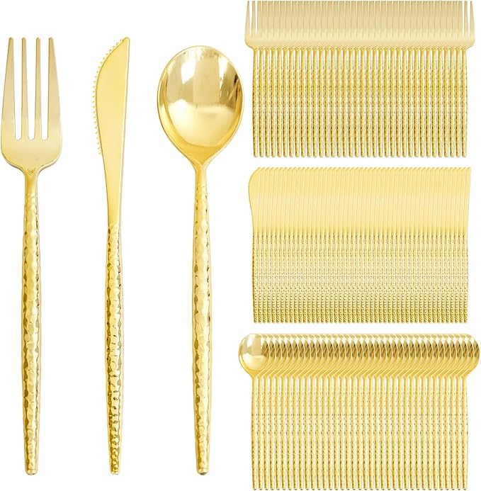 Supernal 360PCS Gold Plastic Silverware, Plastic Utensils Heavy Duty,Gold Silverware Disposable,Disposable Cutlery,Hammered Utensils Set Includes:120 Knives,Forks and Spoons for Party,Birthday,Wedding