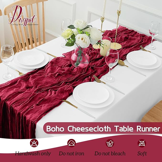 16Pack Burgundy Table Runner 10FT Burgundy Cheesecloth Table Runner 35x120Inch Long Boho Table Runners Rustic Gauze Table Runners for Party Wedding Bridal Shower Baby Shower Decorations