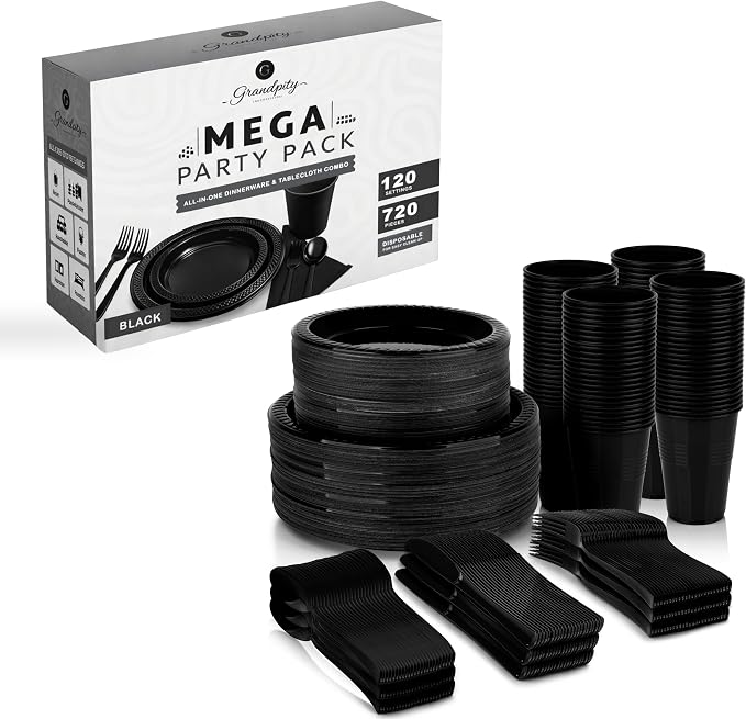 720-Piece Black Disposable Dinnerware Set - 120 Guest Plastic Dinnerware Set - 9" Dinner Plates, 7" Dessert Plates, 12oz Cups, Forks, Knives & Spoons