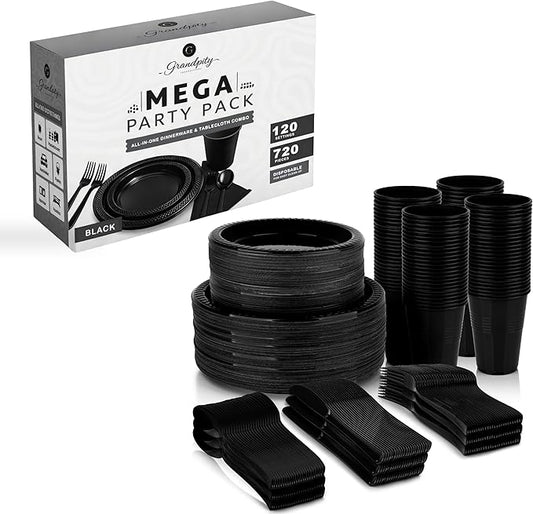 720-Piece Black Disposable Dinnerware Set - 120 Guest Plastic Dinnerware Set - 9" Dinner Plates, 7" Dessert Plates, 12oz Cups, Forks, Knives & Spoons