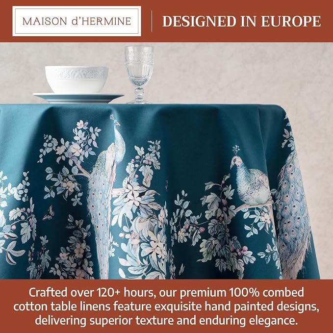 Maison d' Hermine Premium Table Cloth Round Table 100% Combed Cotton 70" Diameter Inches Tablecloth Reusable Decorative for Dining Room, Farmhouse, Party, Festive & Wedding - Peacock Utopia - Deep Sea