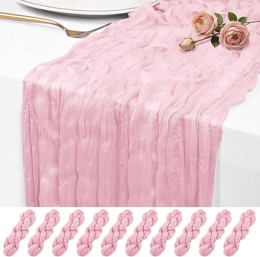 10 Pack Pink Cheesecloth Table Runner 17x108 Inch Semi Sheer Boho Rustic Gauze Cheese Cloth Table Runners for Wedding Party Birthday Baby Shower Home Décor