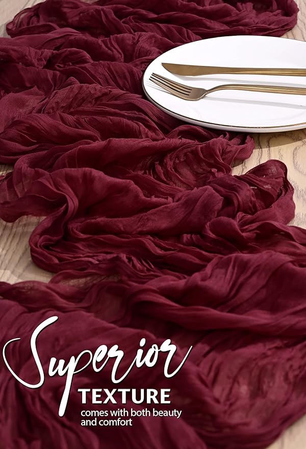 10 Pack Burgundy Red Cheesecloth Table Runner 10FT Boho Gauze Cheese Cloth Table Runners Romantic Rustic Sheer Table Decorations for Wedding Party Baby Shower Birthday Holiday Home