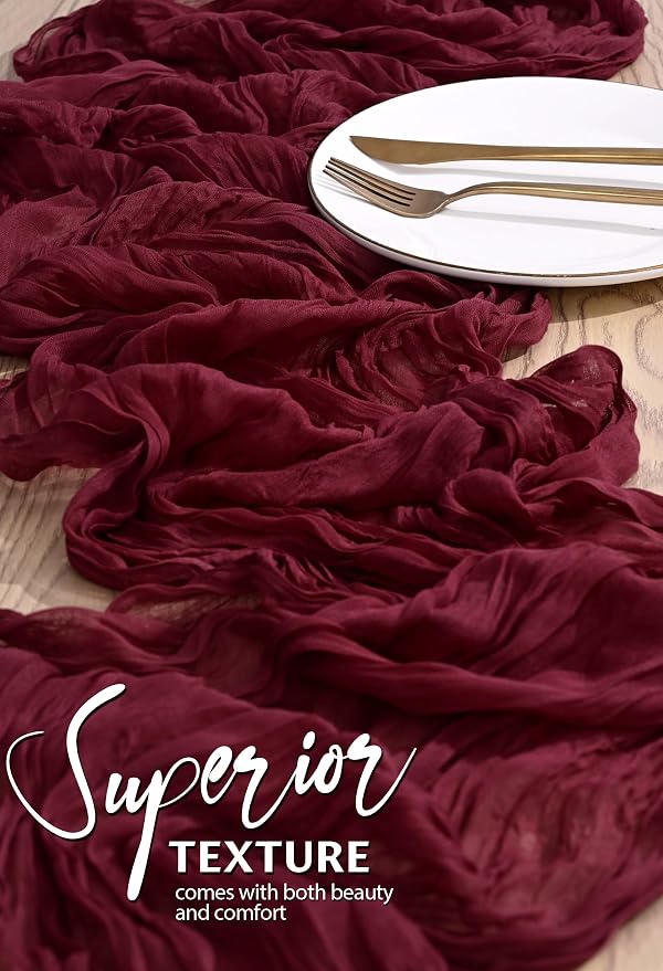 4 Pack Cheesecloth Table Runner 10FT Burgundy Red Table Runner Boho Gauze Cheese Cloth Table Runners Long Rustic Sheer Table Decorations for Wedding Party Baby Bridal Shower Birthday Holiday Home