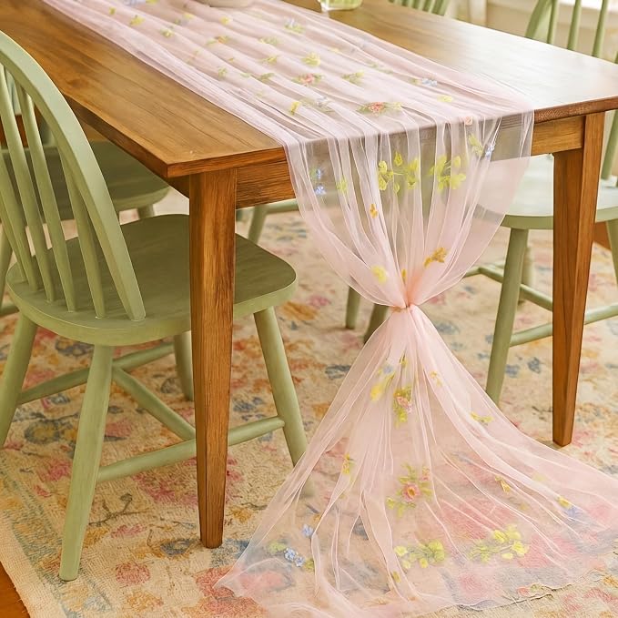 Lounsweer Pink Wildflower Table Runner 10ft Embroidery Tulle Spring Floral Table Runner Seasonal Summer Butterfly Kitchen Dining Gauze Decoration for Wedding Baby Shower Birthday Party