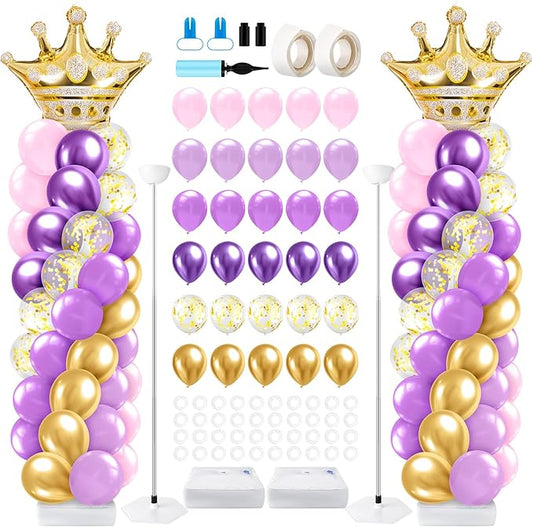 2 Sets Princess Balloon Column Stand Kit with Crown Exploding Star Foil Balloon Purple and Gold Balloons Arch Garland for Princess Birthday Wedding Baby Shower Decorations Party Supplies