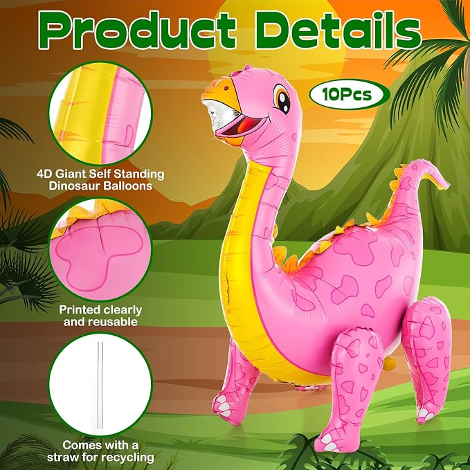 Foilswirl 10 Pcs Giant 3D Dinosaur Balloons for Birthday Party Decorations (20-35") Cute Self-standing Dino Balloons Inflatable Foil Balloon for Jungle Theme, Jurassic Theme, Baby Shower Supplies