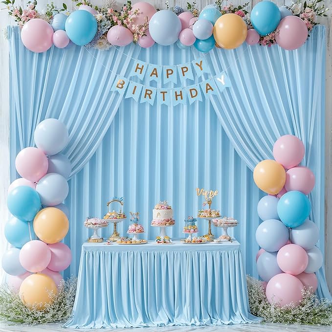 Blue Backdrop Curtains 6 Panels - Wrinkle-Free Light Blue Curtains Polyester Photography Drapes Photo Background for Baby Shower Birthday Party Decorations- 24 X10FT (Blue)
