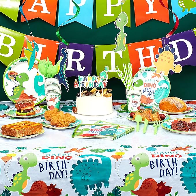 Tessco 193 Pcs Dinosaur Birthday Party Supplies Includes Plates Cups Napkins Banner Knives Fork Spoon Tablecloth Cupcake Toppers Straw Swirls for Boys Dino Birthday Party Decoration, Serves 20 Guests