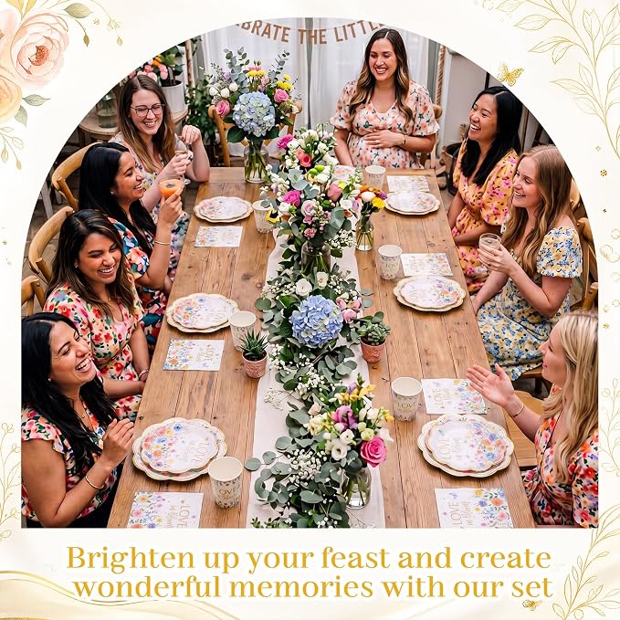 Pickmesh 250 Pcs Love in Bloom Bridal Shower Disposable Tableware Set Floral Love in Bloom Disposable Paper Plates Napkins and Cups for Wedding Party Supplies Bridal Shower Engagement, Serve 50 Guest