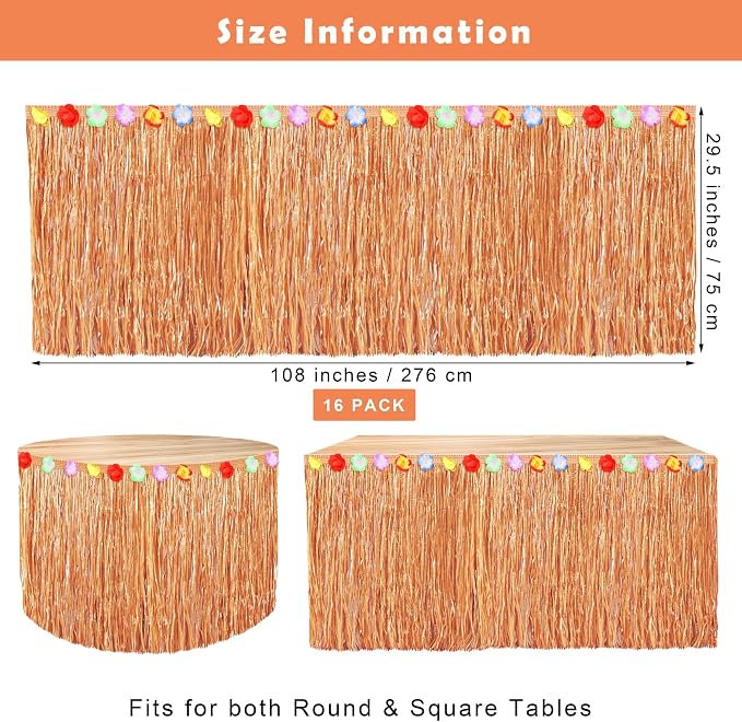 Fovths 16 Pack Luau Grass Table Skirt Natural 9 Feet x 29.5 Inch Hawaiian Table Skirt for Tropical Hawaiian Party Decorations Luau Party Costume, Reddish Golden Brown
