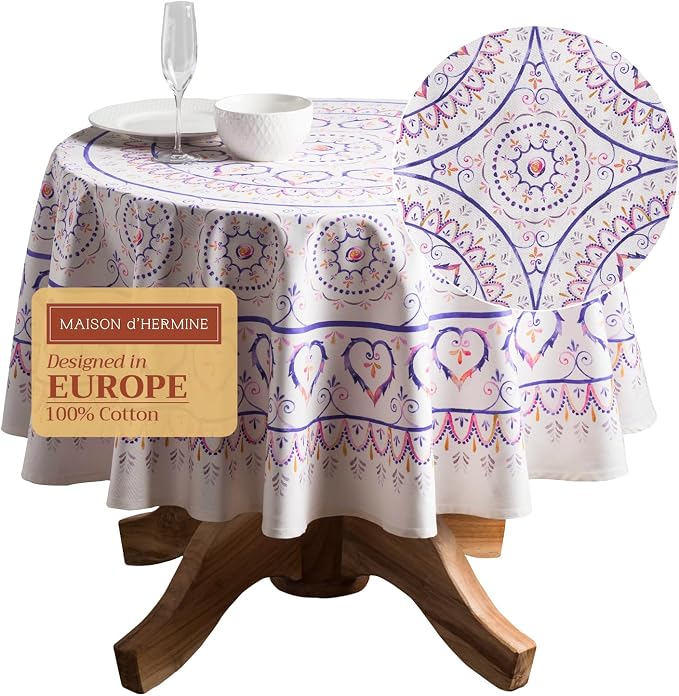 Maison d' Hermine Table Cloth Round Table 100% Cotton 69 Round Inches Tablecloth Reusable Decorative for Dining Kitchen Room Farmhouse Party Home Hotel Restaurant Spring Summer - Mandala