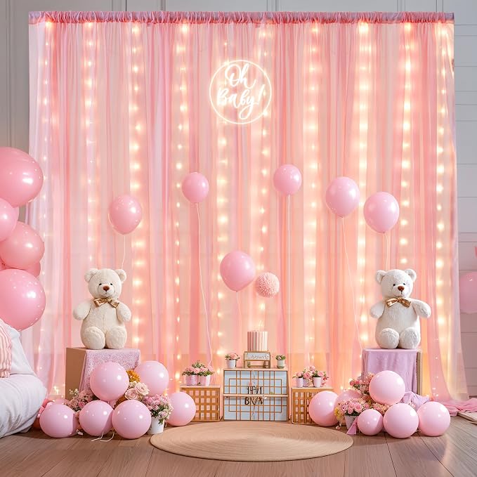 20ft x 10ft Baby Pink Chiffon Backdrop Curtain with Lights String for Parties,4 Panels Sheer Tulle Curtain Wedding Backdrop for Baby Shower Birthday Party Ceremony Reception Home Decorations