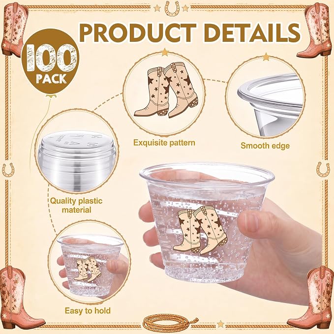 LemonRoad 100 Pack Brown Cowboy Cup 9 oz Western Cowboy Boots Disposable Clear Plastic Cocktail Cups Hot Cold Beverage Drinks for Birthday Baby Shower Western Last Rodeo Party Decorations Party Favors