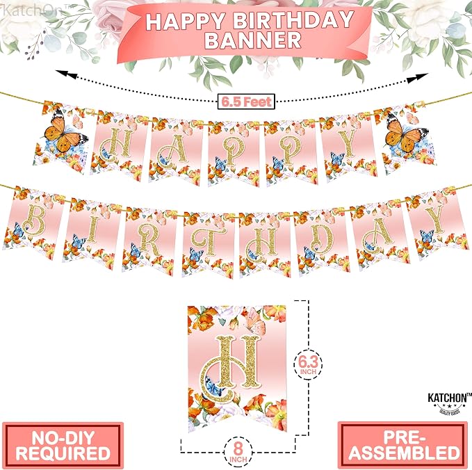 KatchOn, Glitter Butterfly Happy Birthday Banner - 2 String, Pre-Strung | Banner for Butterfly Birthday Decorations | birthday decorations for women