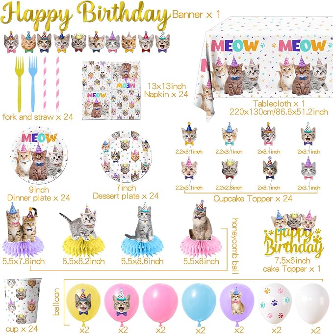 Cat Birthday Decorations,189pcs Cat Party Decorations cat Birthday Plates and Napkins Cups Tablecloth Cake Topper Hanging Swirls Centerpiece Balloon for Ca t Party Supplies