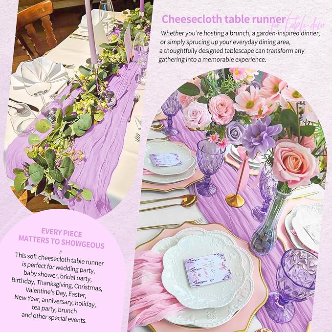 2 Pack Cheesecloth Table Runner 10FT Lilac Purple Table Runner Lavender Boho Gauze Cheese Cloth Table Runners Long Rustic Sheer Table Decorations for Wedding Party Baby Bridal Shower Birthday Holiday