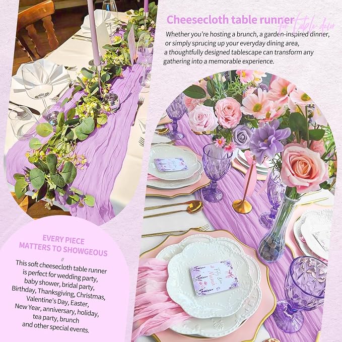 18 Pack Cheesecloth Table Runner 10FT Lilac Purple Table Runner Lavender Boho Gauze Cheese Cloth Table Runners Long Rustic Sheer Table Decorations for Wedding Party Baby Bridal Shower Birthday Holiday