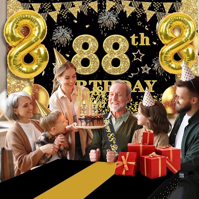 88th Birthday Decorations Men Women with 88th Birthday Banner, Black and Gold Table Cloth, Number Balloons, Sash, Cake Topper and Candles