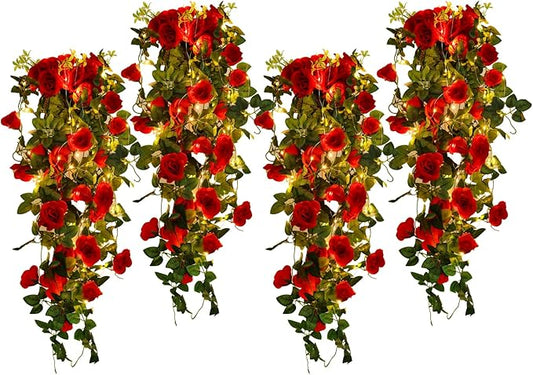 RECUTMS Hanging Rose Flowers Artificial Vines for Outdoors with 30 LED Fairy String Lights Indoor Home Garden Wall Wedding Valentines Day Decorations Rose (Red)