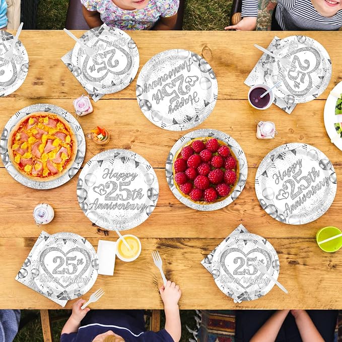 Grencian 96Pcs 25th Wedding Anniversary Decorations Cheer to 25 Years Party Plates and Napkins Silver Glitter Tableware for Couple Husband Wife Silver Wedding Anniversary Decorations Serves 24