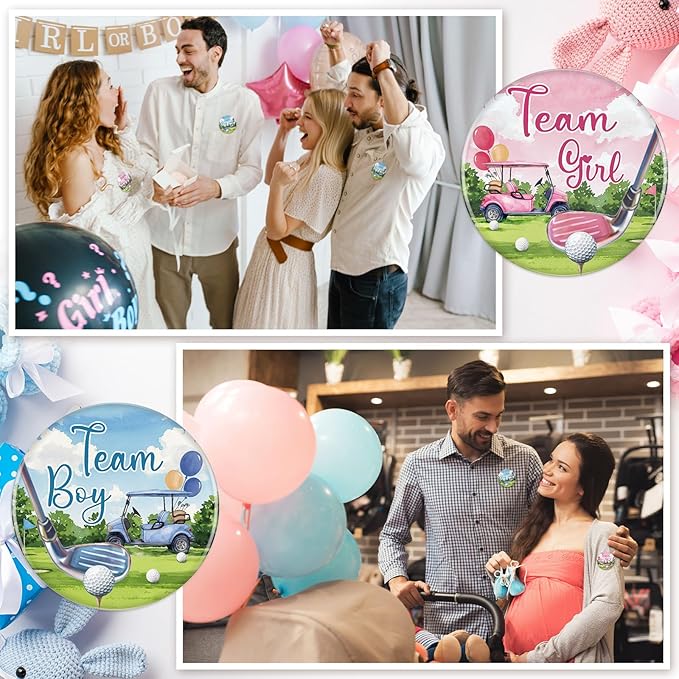 Landical 60 Pcs Golf Gender Reveal Pins, Funny Baby Shower Team Gender Reveal Decorations for Party Supplies Blue and Pink Team Button Pins Games Decorations