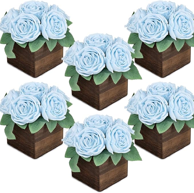 Dining Table Centerpiece Set of 6 - Pre-Made Aritifial Rose with Wooden Vase Fake Floral Arrangment Faux Flower for Wedding Bridal Tea Party Event Decorations - Blue