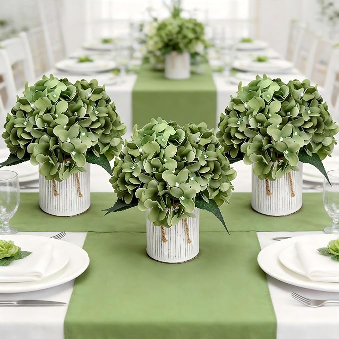 Flower Table Centerpieces - Set of 6 Floral Arrangement Artificial Wedding Hydrangeas Floral Arrangement with Rustic Metal Vase for Bridal Tea Party Event Decorations - Sage Green