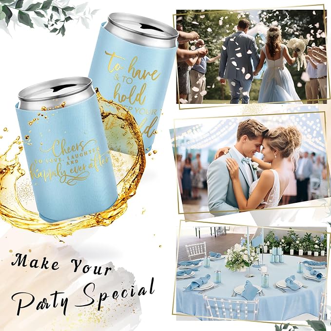 Qinyoung 50 Pieces Light Blue Wedding Can Cooler Sleeves Bulk Engagement Party Favors for Guests Cheers to Love Laughter and Happily Ever After Rehearsal Dinner Decorations for Wedding Bridal