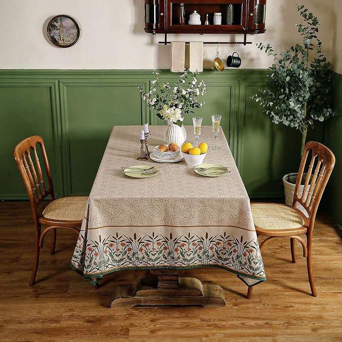 patdrea Vintage French Linen Tablecloth,Rectangular,94"x63"-Cudillero | Elegant Floral Large Table Cloth for Rectangle Table,Natural Beige Block Print,for Dining Room Tea Party Thanksgiving
